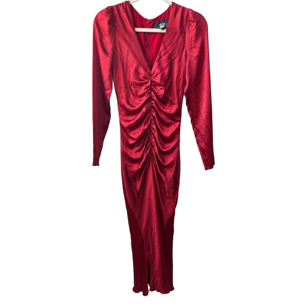 Nissa Ruched Midi Cocktail Dress Satin Red Size 2 Used Christmas Holiday Party - Picture 4 of 9